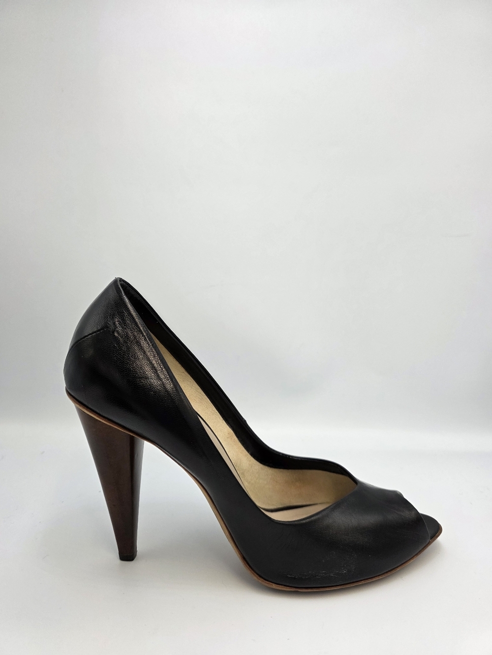 Costume National Black Leather Peep Toe Stiletto Pumps Heels Sz 38 EU, Italy